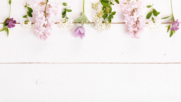 白い背景の上のお祝いの野生の春夏の花の構成オーバーヘッド上面図フラットレイコピースペース誕生日の母バレンタイン女性の結婚式の日のコンセプト