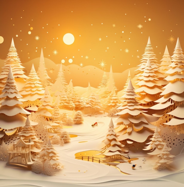 festive winter landscape with lighted christmas trees and snowflakes