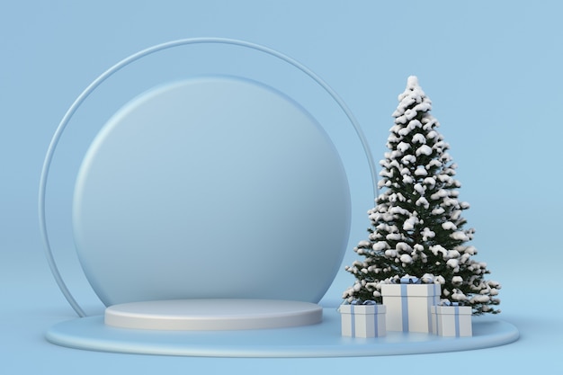 Festive winter New Year3d composition Blue podium Festive template Snow covered Christmas tree