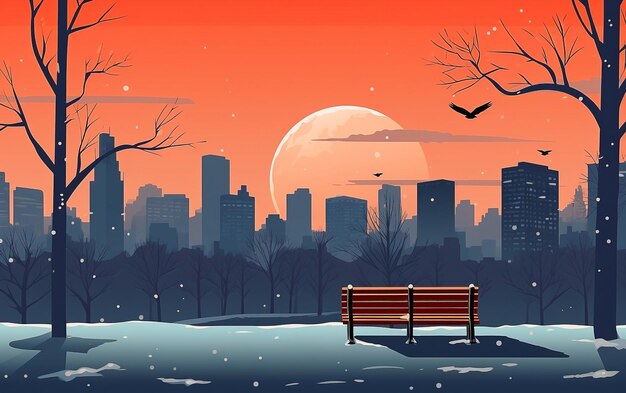 Festive winter season landscape with a bench trees and birds in the park Winter with snow