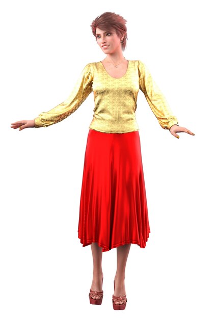 Festive woman wear yellow gold blouse with midi red skirt 3D Illustration