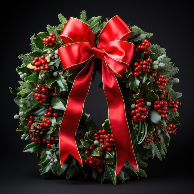 Festive wreath Green leaves red berries and a bright red bow