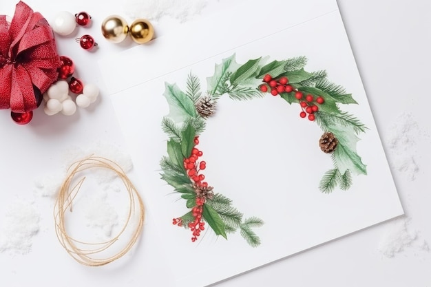 Festive wreath and holiday greeting card in a white frame