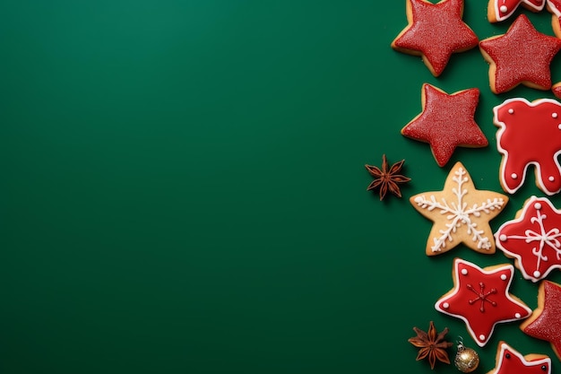 Праздничное рождественское печенье на зеленом фоне Пищевое печенье Generate Ai