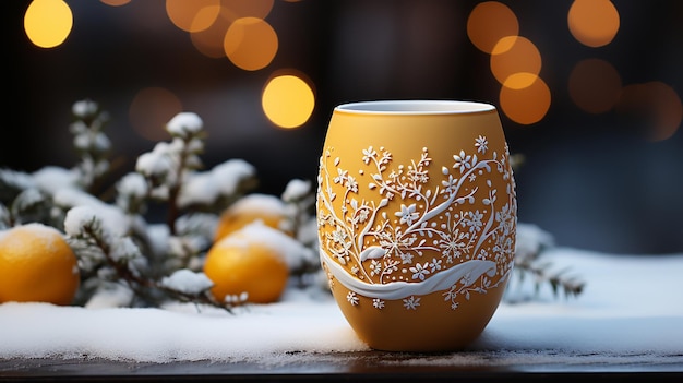 Festive Yellow Coffee Cup with Christmas Cartoon