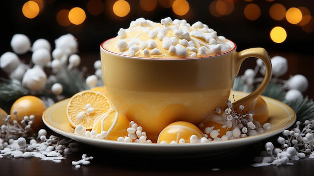 Festive Yellow Coffee Cup with Christmas Cartoon