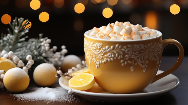 Festive Yellow Coffee Cup with Christmas Cartoon