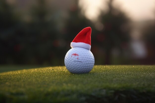 Photo festivelooking golf ball on tee with santa claus' hat on top for holiday season on golf course background