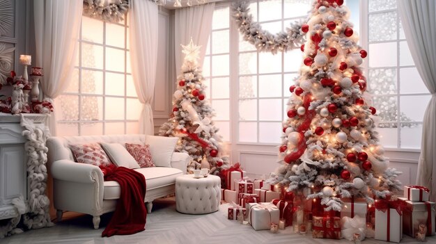 暖炉とクリスマスツリーのあるお祝いの装飾が施されたアパートメント