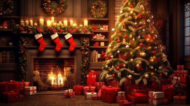 Festively decorated apartment with fireplace and Christmas tree