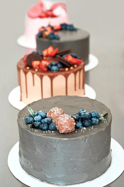 Festively decorated cakes on table confectionery for holiday