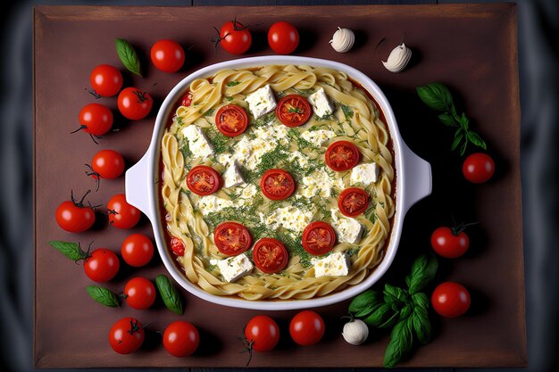 フェタチーズとプチトマトのオーブン焼き 手打ち麺