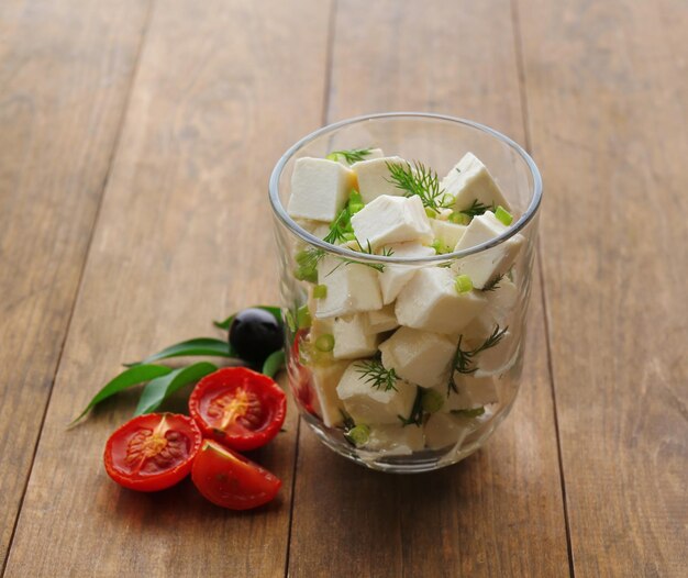 Feta cheese on table