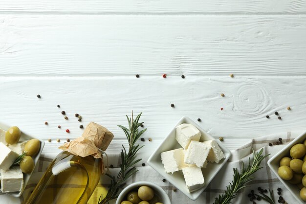 feta cheese on white wooden surface