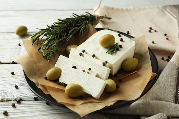 feta cheese on white wooden surface