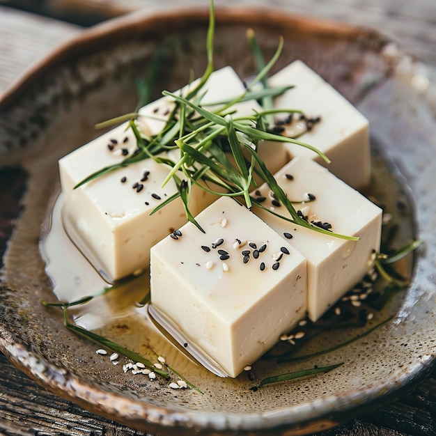Feta cheese with sesame seeds and rosemary on rustic plate