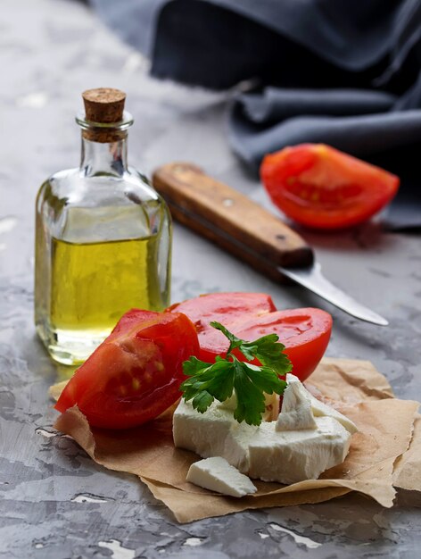 Feta cheese with tomato and oil. 