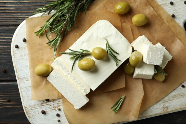 feta cheese on wooden surface