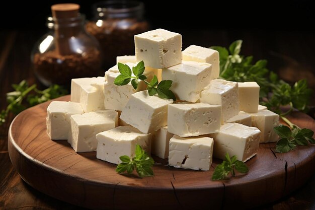 Photo feta cubes on olive wood