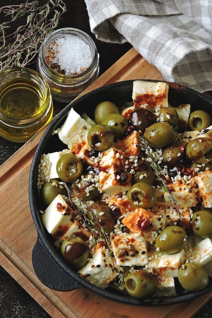 Foto pezzi di feta cotti con olive e spezie. pranzo o merenda sani. dieta keto ricetta keto.