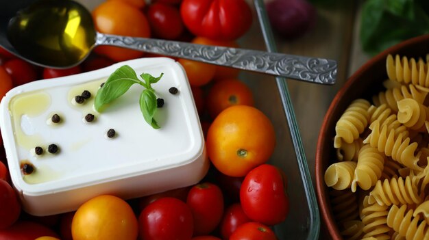 Foto feta, pomodori e basilico in una pirofila. cottura del concentrato di pomodoro feta.