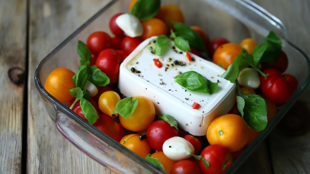 Feta, pomodori e basilico in una pirofila. cottura del concentrato di pomodoro feta.