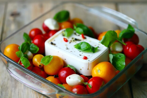 Feta tomatoes and basil in a baking dish Cooking feta tomato paste