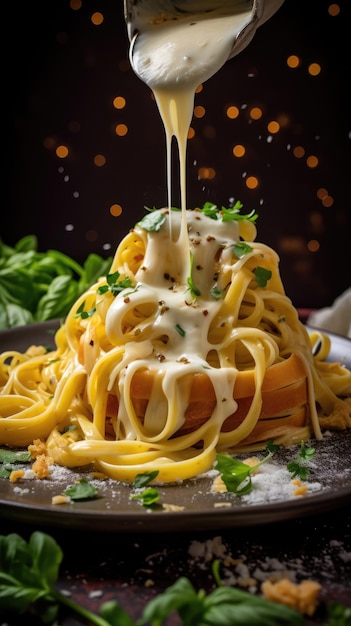 Fettuccine Alfredo or fettuccine al burro is an Italian pasta dish