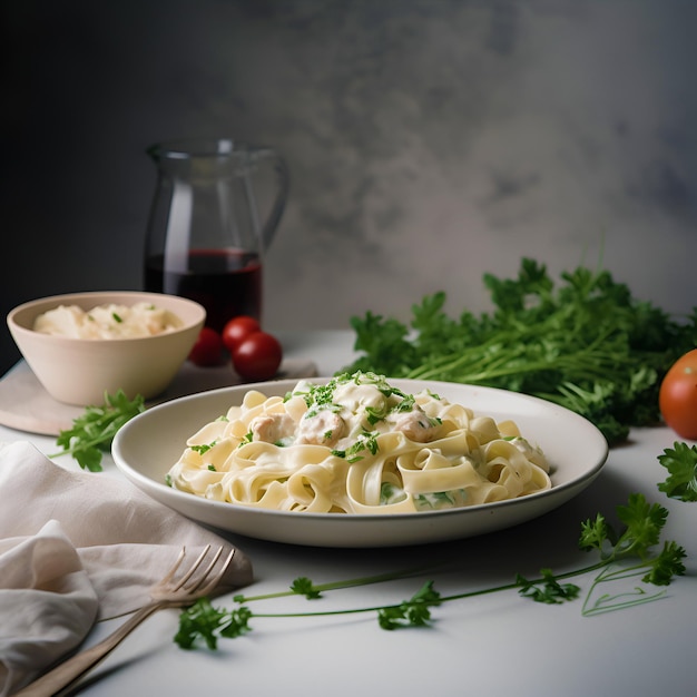 Fettuccine Alfredo pasta met witte room saus op het bord Italiaans eten