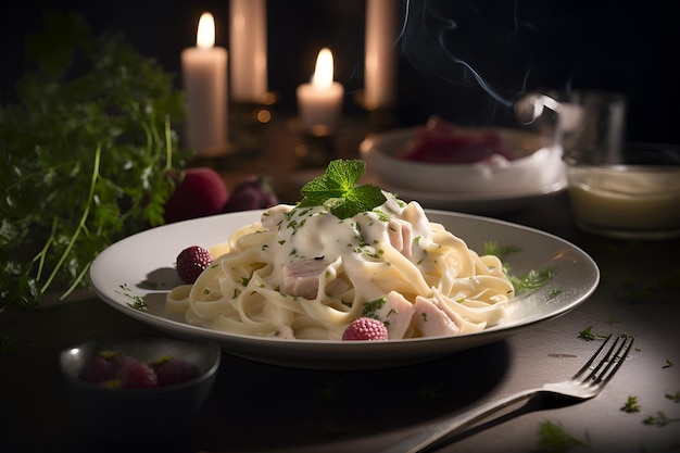 Fettuccine Alfredo pasta met witte room saus op het bord Italiaans eten