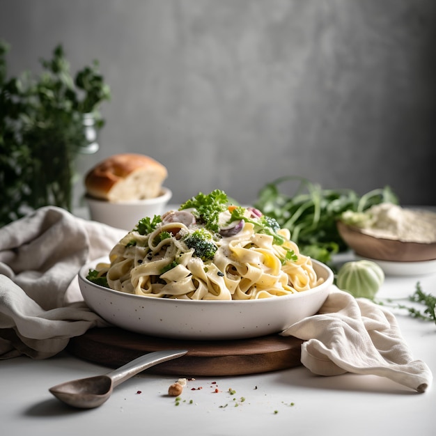 Fettuccine Alfredo pasta met witte room saus op het bord Italiaans eten