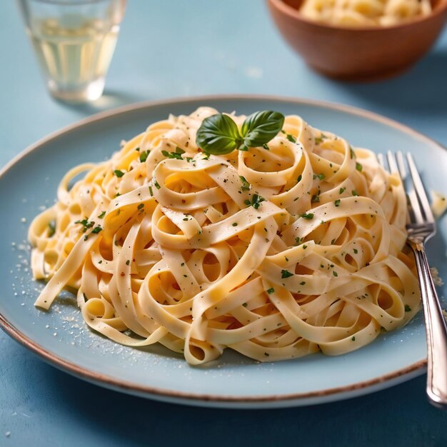 Photo fettuccine alfredo pasta with cream sauce traditional italian meal served on pastel blue plate