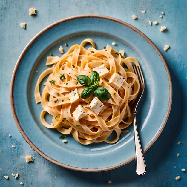 Photo fettuccine alfredo pasta with cream sauce traditional italian meal served on pastel blue plate