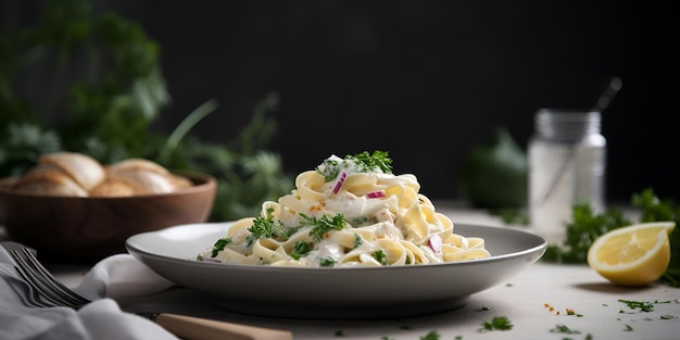 Fettuccine Alfredo pasta with white cream sauce on the plate Italian food