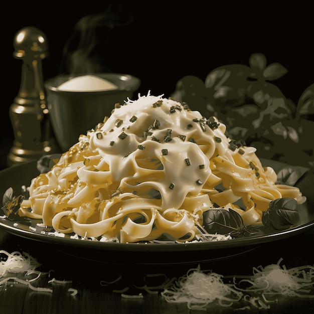 Photo fettuccine alfredo with parmesan cheese isolated on black background