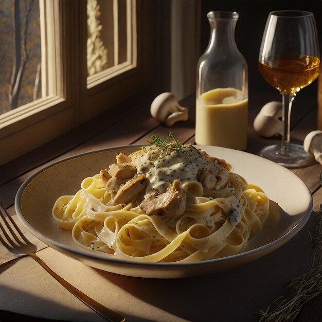 Fettuccine in cream sauce with chicken and mushrooms Generated by Ai