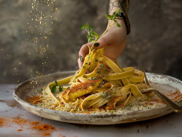 Foto pasta di fettuccine con formaggio e erbe alimentari italiane