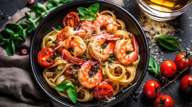 Fettuccine pasta with shrimp tomatoes and herbs Top view