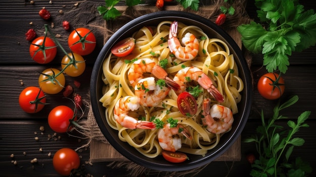 Fettuccine pasta with shrimp tomatoes and herbs Top view