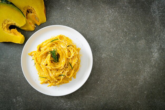 Fettuccine spaghetti pasta with butternut pumpkin creamy sauce