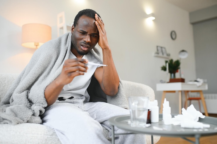 Photo fever portrait of sick african american man with thermometer suffering from flu symptoms sitting wrapped in blanket in bed at home