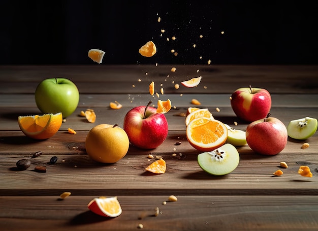 A few apples are being smashed on a wooden table.