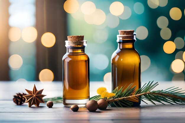 A few bottles of perfume sit on a table with a star on the background