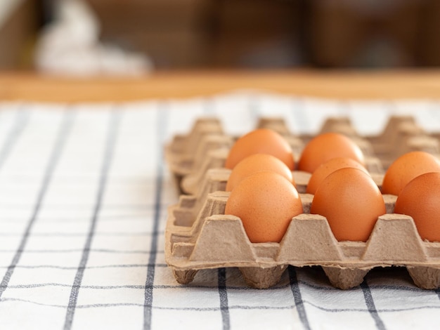 Few brown eggs among the cells of a large cardboard bag, chicken egg as a valuable nutritious product, a tray for carrying and storing fragile eggs. Not a full package of eggs, an important food item