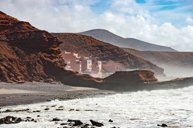 A few buildings on Legzira beach in Morocco