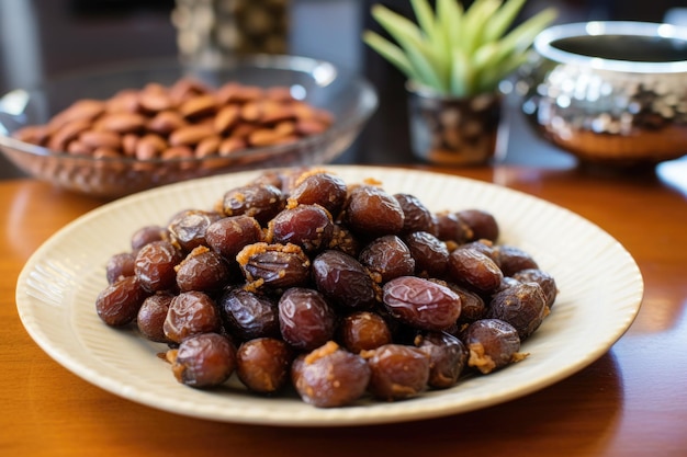 Few dates piled on a plate in the middle of the room