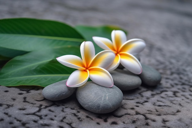 A few flowers on rocks next to a green leaf