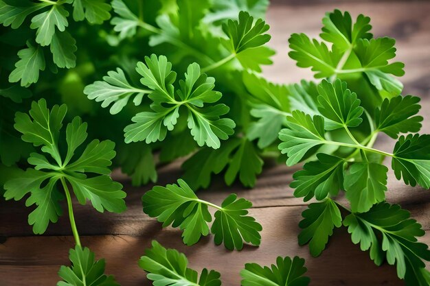 A few green parsley leaves on a wooden table