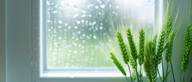 Few green wheat plant sticks in front of foggy water dropped glass window