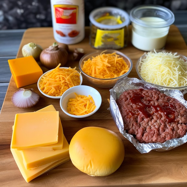 Few kinds of cheese minced meat bun and onions on the table Ingredients for the cheeseburger Generative AI